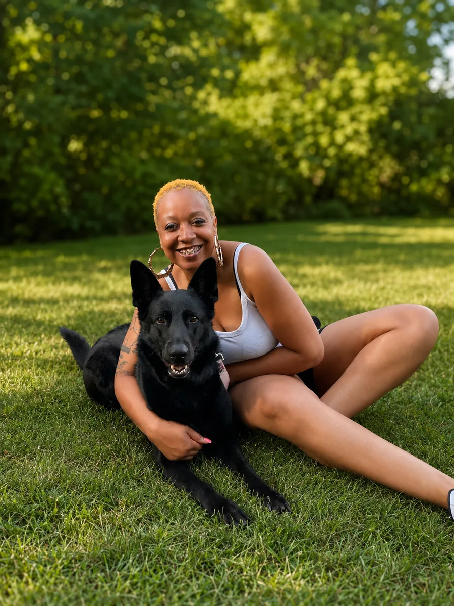 Kola, the dog behind Kolas Paws & Co., with her person in the park